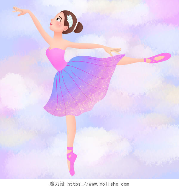 彩色卡通手绘少女跳芭蕾人物素材原创插画海报舞蹈